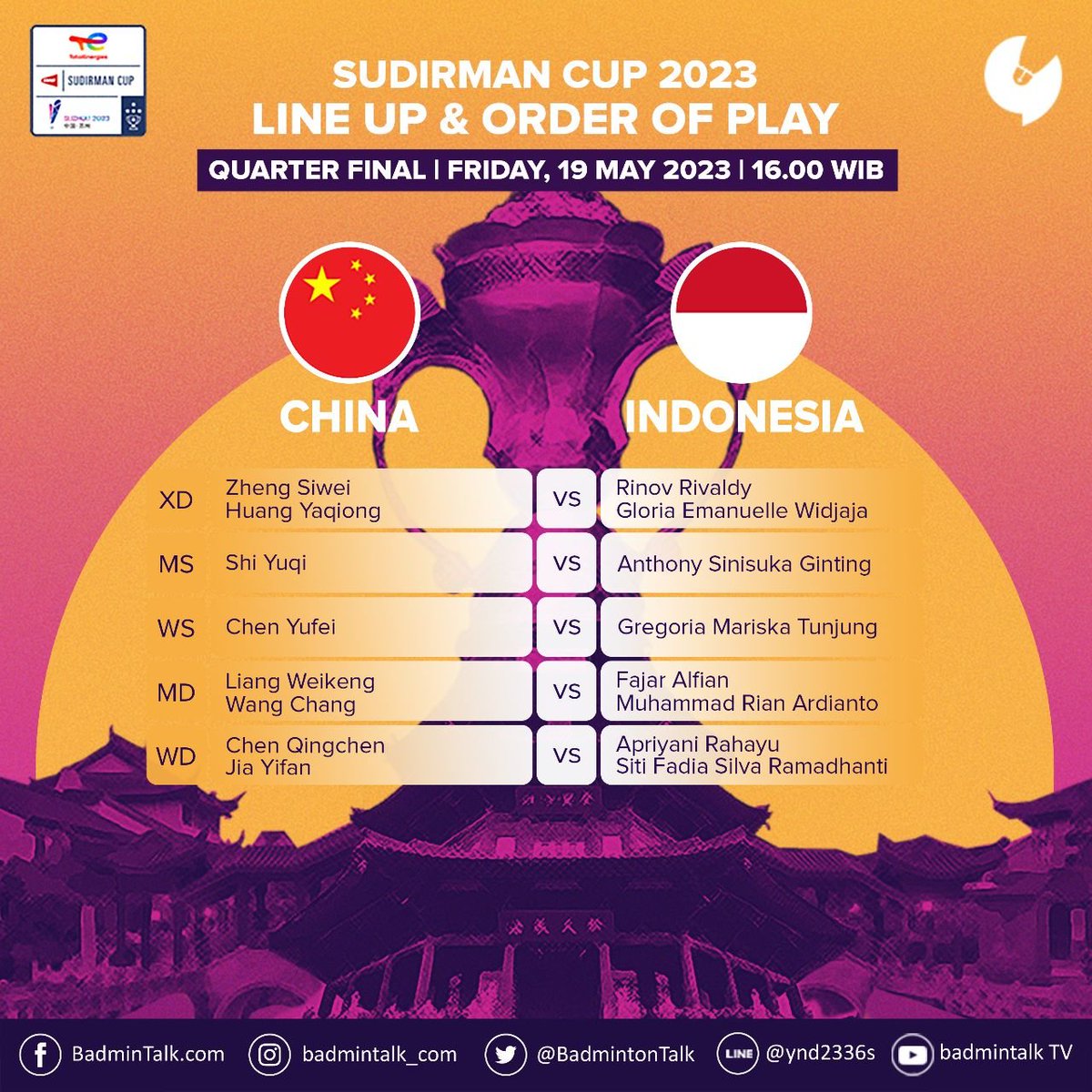 BadmintonTalk's tweet photo. BREAKING

Line up for CHINA vs INDONESIA

#SudirmanCup2023 #SudirmanCupFinals #Suzhou2023 https://t.co/IuZxl8y0K6