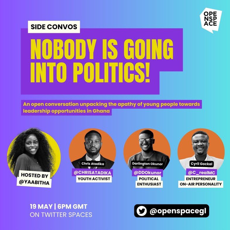 openspacegl's tweet photo. Our first twitter space  is TODAY at 6pm and we can't wait to have you join us! 🔥

Set a reminder via the link https://t.co/p1IQlsLRMK…

You don't want to miss out on this with @yaabitha @C_RealMC @DarlDessi @chrisatadika. Join us

#openspaceglobal
#unlockingtheafricanmindset https://t.co/cOS7mzctVU
