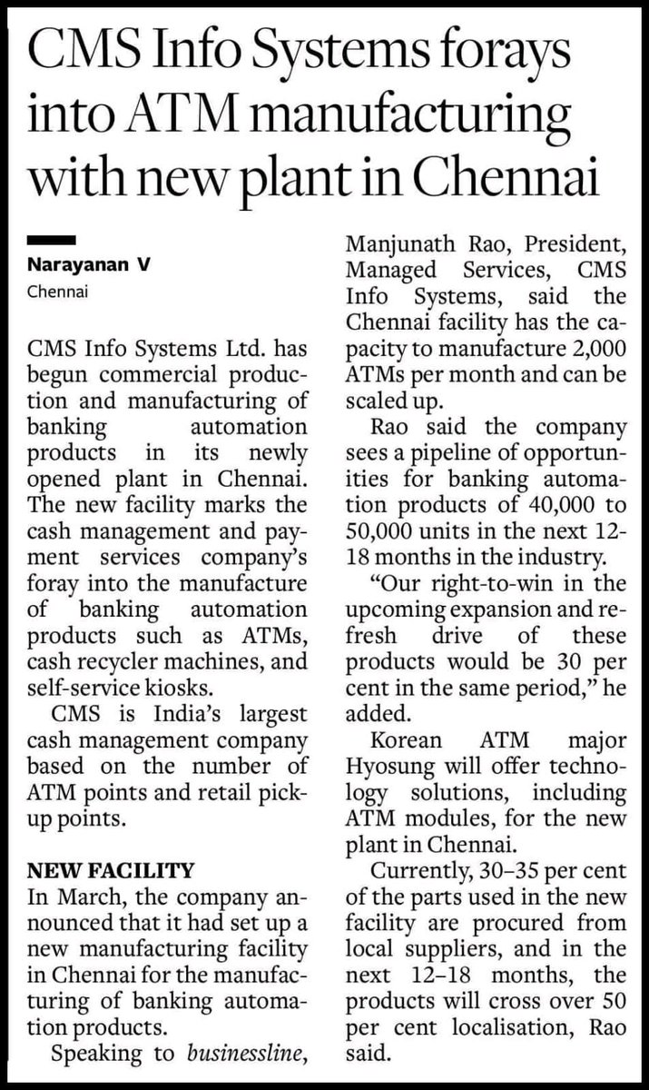 Read about our latest venture into manufacturing of Banking Automation products in today’s edition of @businessline: cms.com/media-coverage

@ppmrao01 #cmsinfosystems #connectingcommerce #newventure #atmmanufacturing