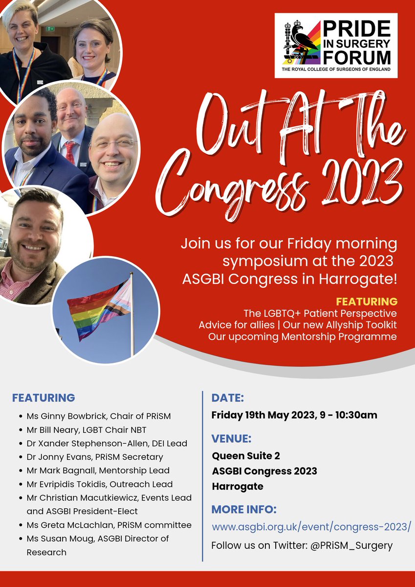 PRiSM_Surgery's tweet photo. If you're at #ASGBI today then join us for Out At The Congress in Queen Suite 2 from 9am!
And stay put after our session, because @TheTraumaSurg and @NuhaZsurgeon have a great EDI session right after ours π
#ASGBI2023 #PrideInSurgery https://t.co/VNh2eEMutG