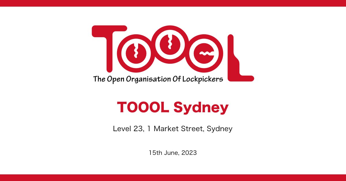 And it's on!!!! 15th of June, TOOOL Sydney Meetup in the CBD. About 2 mins from QVB so easy to get to. RSVP today if you plan on coming. 

toool.com.au/event-details/…

#lockpicking #locksport #phsyicalsecurity