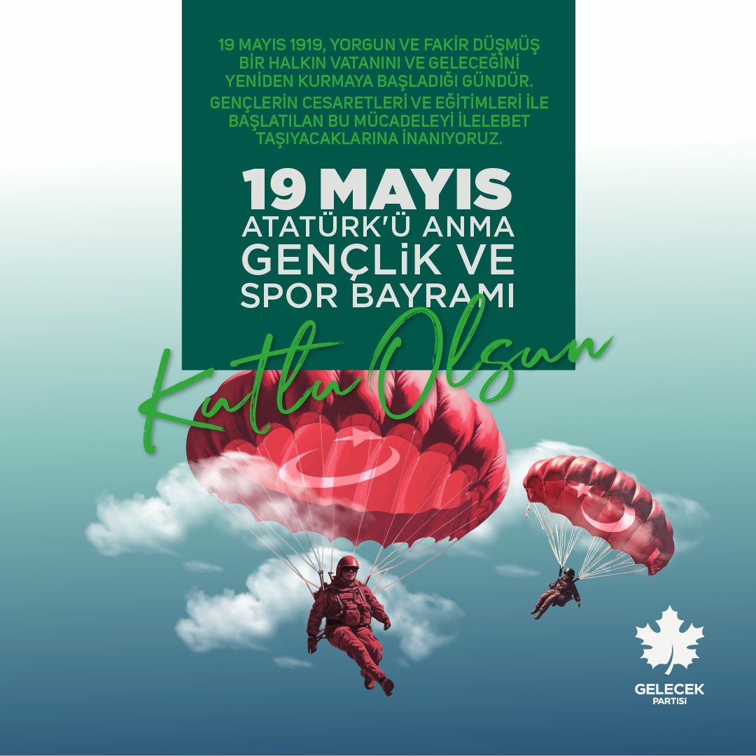 19 Mayıs 1919, yorgun ve fakir düşmüş bir halkın vatanını kurtarıp bağımsızlığını yeniden kazanma mücadelesinin başladığı gündür.

Gençlerin cesaretleri ve iradeleri ile kazanılan bağımsızlık ilelebet korunacaktır.

19 Mayıs Atatürk'ü Anma, Gençlik ve Spor Bayramımız kutlu olsun.