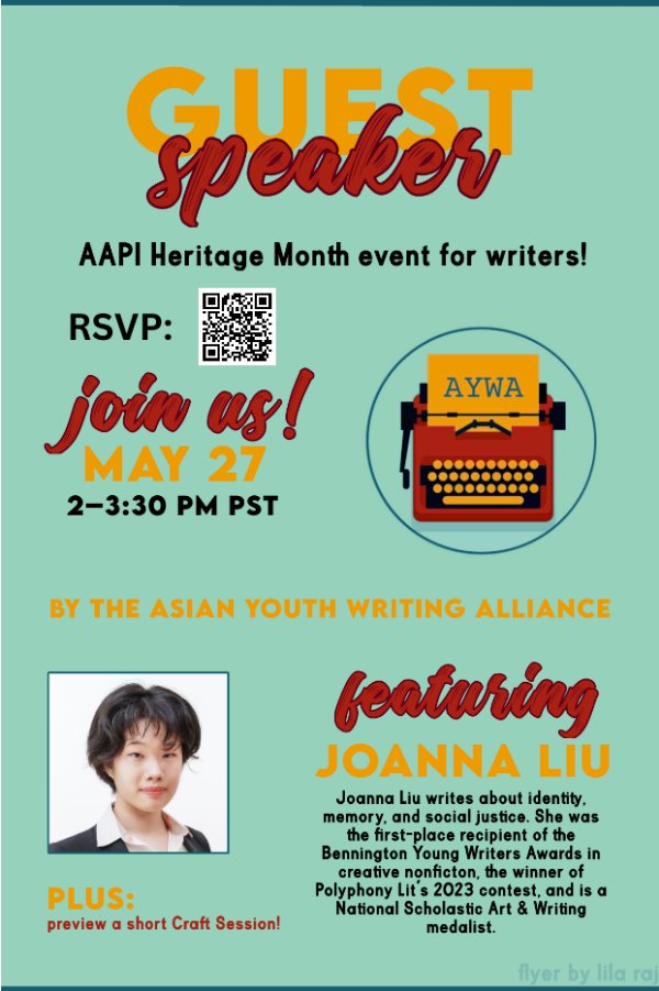 HI GUYS :D! I'll the guest speaker at the Asian Youth Writer's Alliance's AAPI event✌️-- if you or any other young writers are interested, please sign up here!! bit.ly/awyasignup