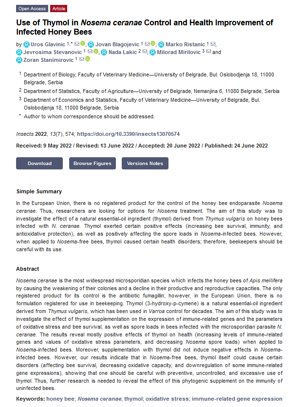 Insects_MDPI's tweet photo. #highlycitedpaper
📢Use of Thymol in Nosema ceranae Control and Health Improvement of Infected Honey Bees
👥By Uros Glavinic et al.
See more at 👉https://t.co/MoAcYogSXB
#Nosemaceranae #honeybee #beemortality #socialimmunity https://t.co/AIXG1L27Kp
