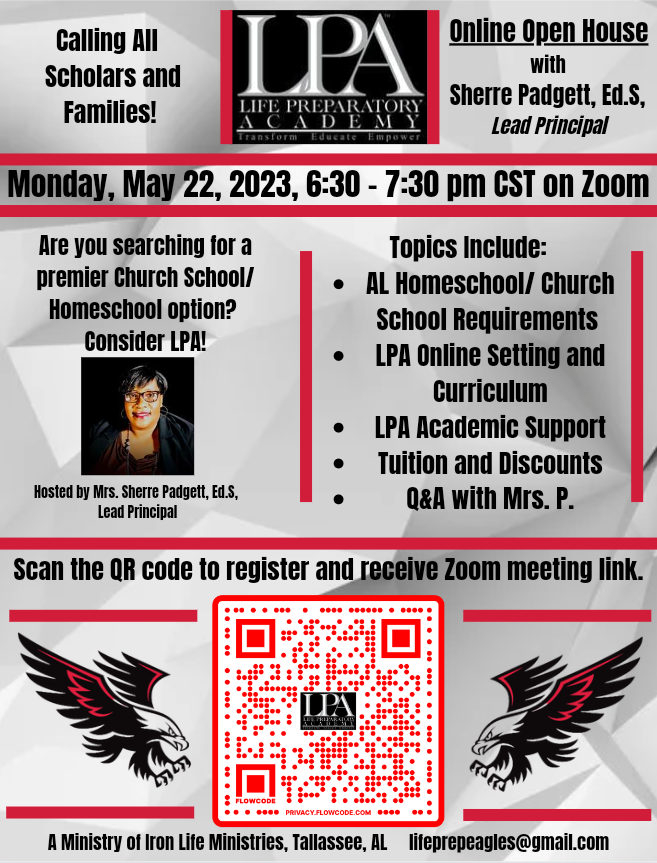 Looking for a Homeschool / Church school alternative for 2023-2024? Consider LPA Online! Open House for prospective families is Monday, May 22, 2023!
Register: QR code on the flyer or via this link: forms.gle/bQZ4unmbT4TZTV…
Read the flyer for more details!