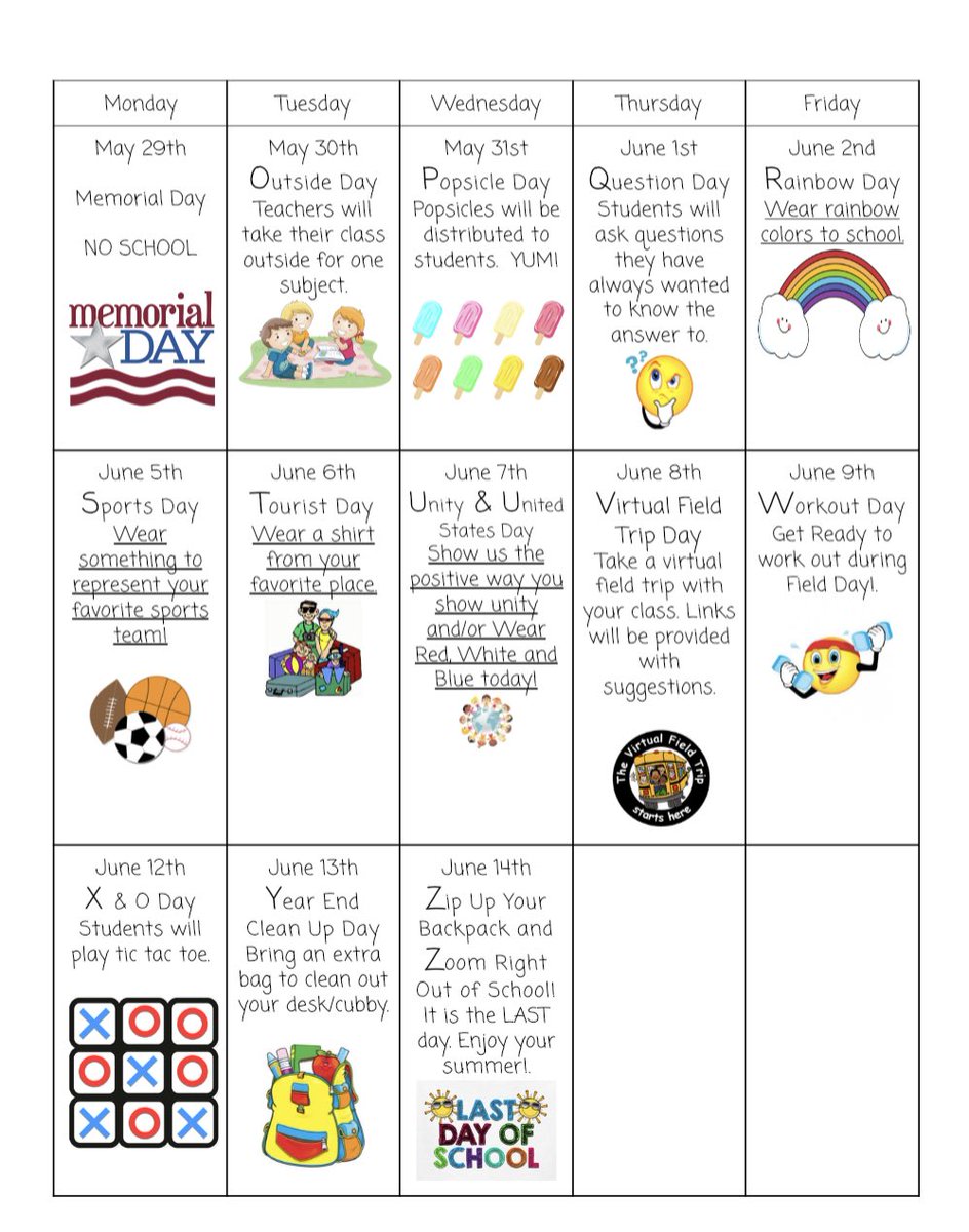 We are well on our way with the ABC countdown. Today was “H” day for Hat Day. Check out these awesome hats! 

Also, note the upcoming days on the calendar below.