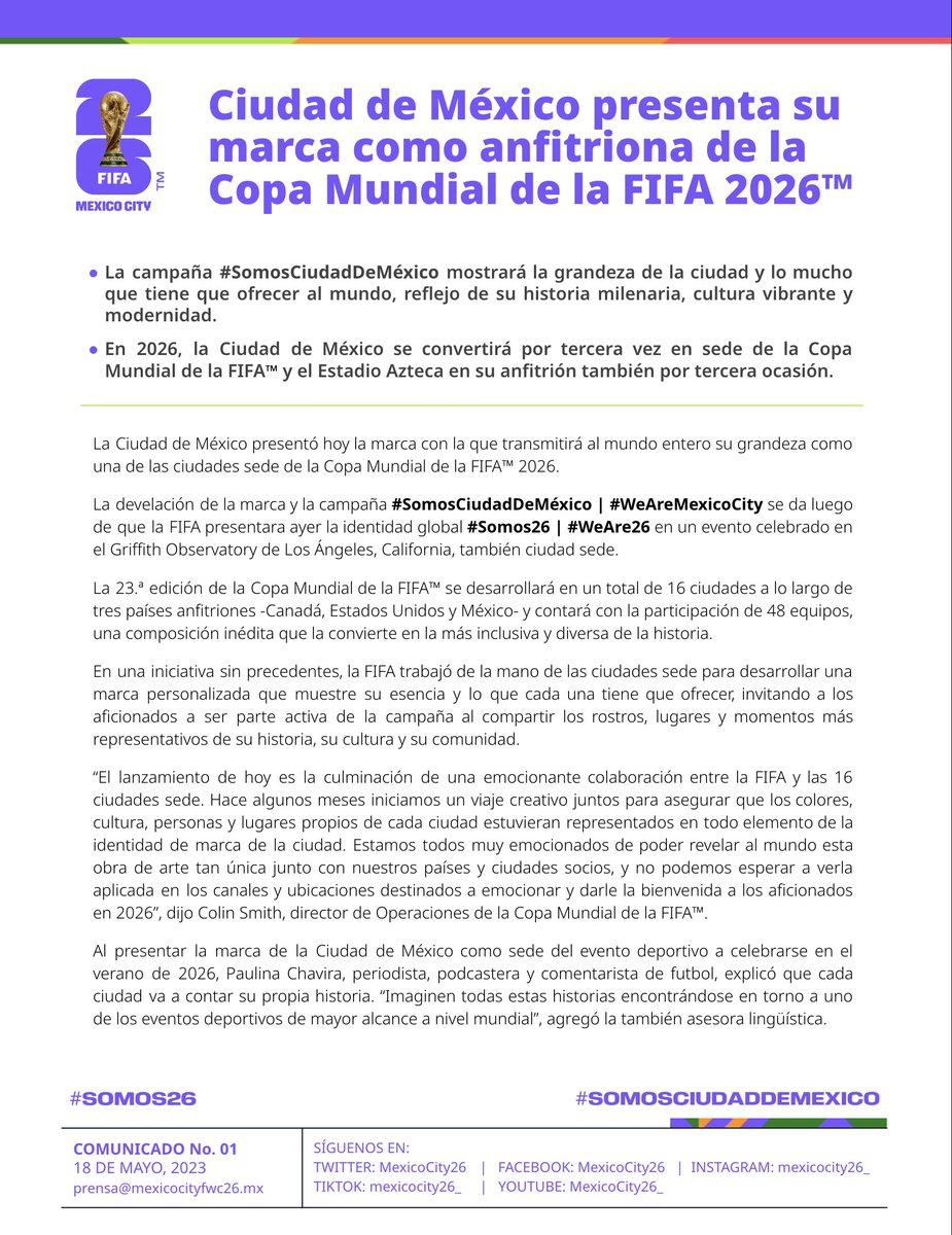 MexicoCity26's tweet photo. ¡La Ciudad de México acaba de subir el telón como sede de la Copa Mundial de la FIFA 2026™️! 🇲🇽🏆
¡La Ciudad de los Palacios se prepara para una celebración legendaria! 🎉💥 #WeAre26 #Somos26 https://t.co/n7l4ckzrjQ