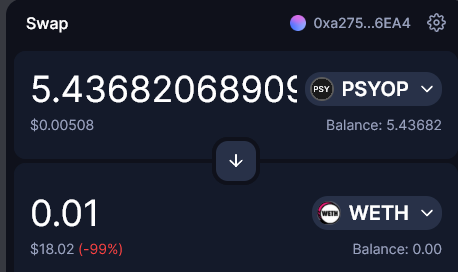 jaycenft's tweet photo. Well shit. Spent 0.2 to get fucked tonight. IDK how people keep on winning. $PSYOP https://t.co/fnsRBzOtPI