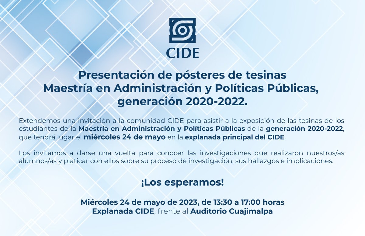 CIDEMAPP's tweet photo. Se acerca el final del semestre y eso significa que una generación más está por entregar su tesina 😱

Les invitamos a que el próximo miércoles 24 de mayo asistan a la presentación de pósteres sobre las investigaciones de las y los estudiantes de cuarto semestre de la MAPP 📆👇🏽 https://t.co/wzt14gyGQu