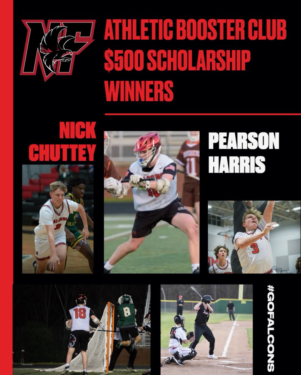 Congratulations to our two Athletic Booster Club Scholarship winners: Nick Chuttey and Pearson Harris! We wish you the absolute best in your collegiate endeavors. 

#flyhighfalcons #alwaysafalcon #scholarathletes