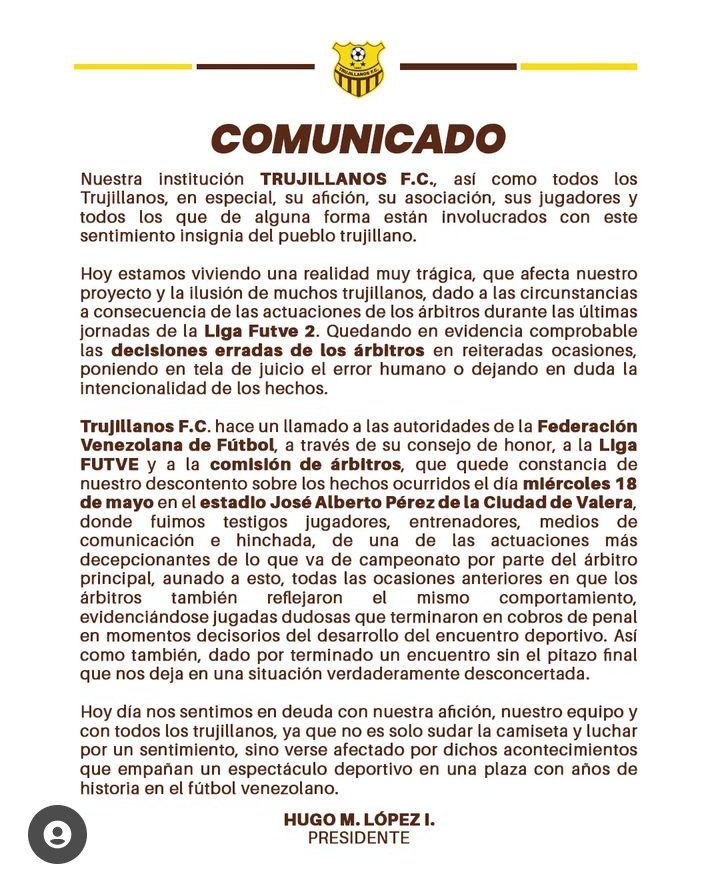 Oficialbravotv2's tweet photo. Comunicado del #Trujillanos ante los hechos del día miércoles en el estadio José Alberto Pérez de Valera, generados por la actuación arbitral del juez Gabriel Velásquez y ante las decisiones arbitrales de los últimos encuentros del amarillo y marrón.
#LigaFutve2 https://t.co/yYClyqWQoC