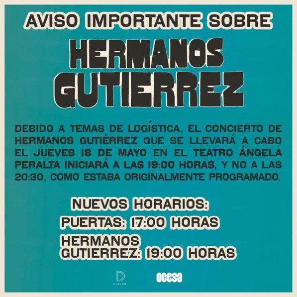 CANCELADO.
Se cancela el concierto de los
#HermanosGutiérrez 
Ya que @ocesa_total no dice nada,
NO CORRAN.
Cancelado.
💔💔💔