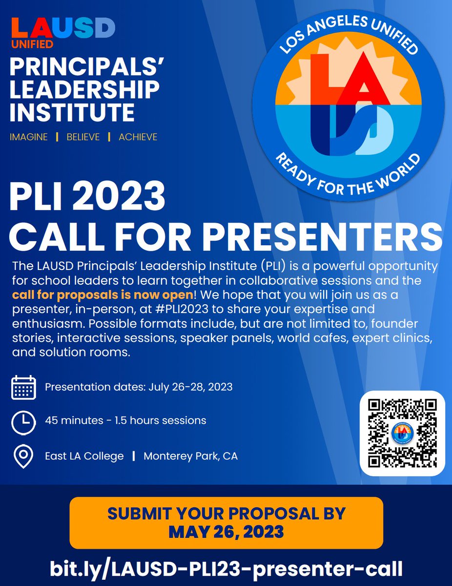 📢The 2023 LAUSD PLI Call for Presenters is now open! We invite school leaders and LAUSD teams to submit a proposal to present at the 2023 Principals' Leadership Institute. Share a promising/best practice from your school site! <a href="/LAUSDSup/">Alberto M. Carvalho</a> <a href="/LAUSDHR/">@LAUSDHR</a> <a href="/LASchools/">Los Angeles Unified</a> <a href="/LAUSD_Achieve/">Los Angeles Unified Division of Instruction</a>