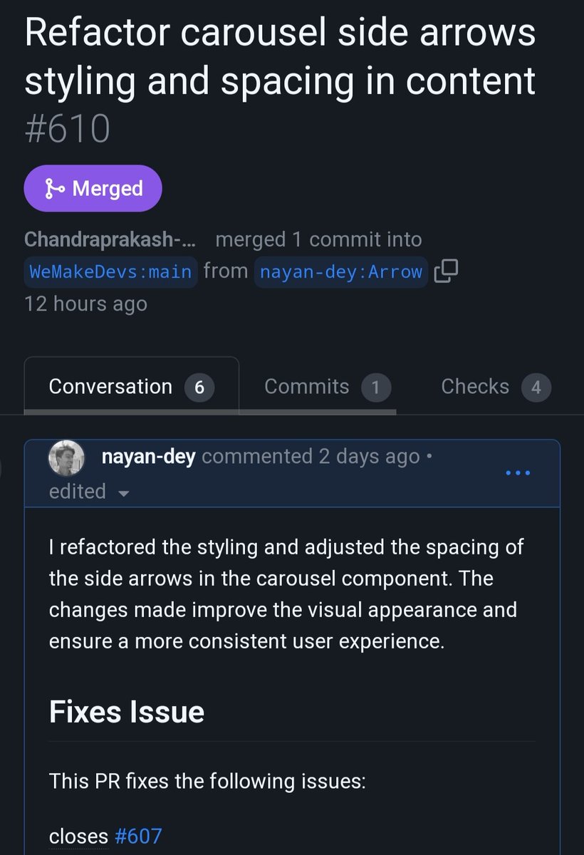 NayanJpg's tweet image. Exciting start as a beginner! Learned about #opensourcecontribution from @kunalstwt, and now my PR got merged on the @WeMakeDevs website repo in under 3 days. Huge thanks to @chandra_7852, @AnuragThePathak ! for recognizing my efforts. This continues my journey to #opensource.