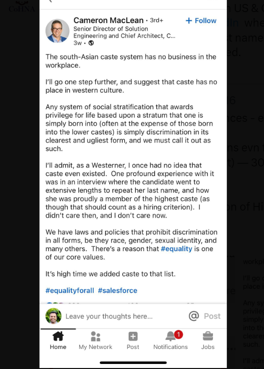KumarKr74950999's tweet photo. Cameron MacLean of #salesforce makes a bigoted generalization about #brahmins based on a single experience (real or imagined?) Does so despite admitting his ignorance about the #Caste issue.  Gets away with public display of #bigotry. Shame on @hyder_brent and @SalesforceCA. https://t.co/MbPFcO7GHu