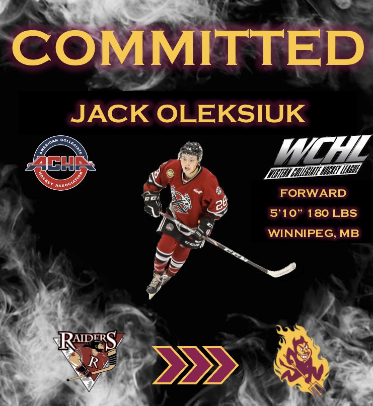 sparkyhockey's tweet photo. Skilled forward Jack Oleksiuk has committed to ASU for the 23-24 season. The Winnipeg native accumulated 91 MJHL games in his junior career, and played last season with the Raiders Jr. Hockey Club of the MMJHL. Jack finished the season 46 points in 44 games. Welcome to Tempe Jack https://t.co/lxNiQBtLDQ