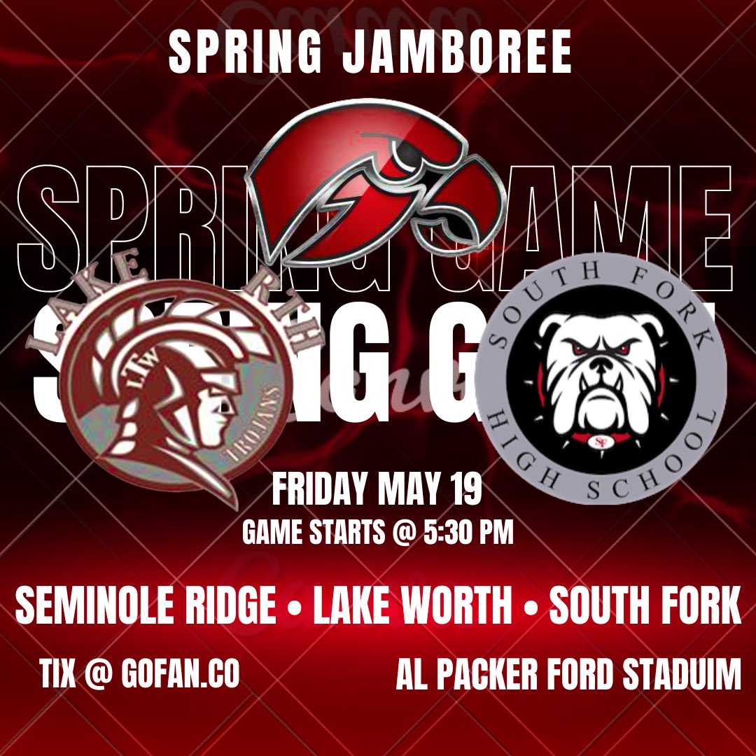Cchieffalo1's tweet photo. 🚨Come on out tomorrow night 5/19 and support your Seminole Ridge HAWKS Football in their Spring Game match ups against Lake Worth and South Fork High. Cash concessions available 🏈
@coach_chief @SRHawksfootball @SRHSHawks @EraPrep @FlaHSFootball @ESPNTop63 @emilee_smarr https://t.co/DCM9ArN7jv