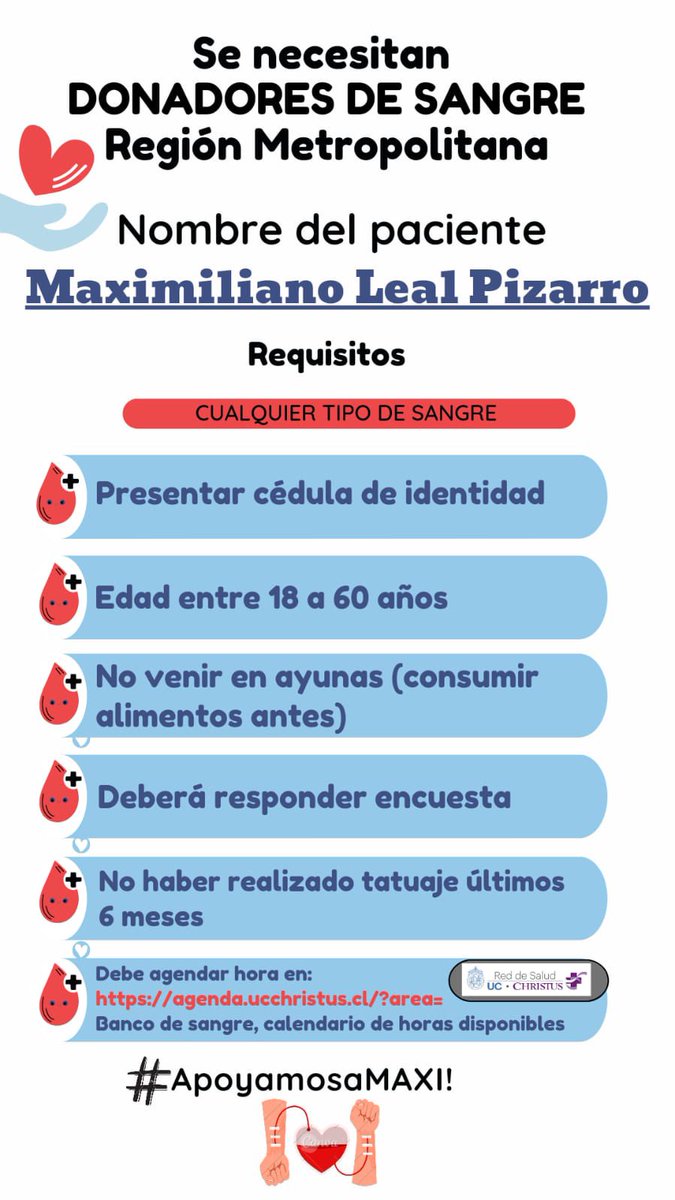 URGENTE #DonanteDeSangre cualquier grupo para #MaximilianoLealPizarro en el Hospital Clínico #UC <a href="/ucchristus/">UC CHRISTUS</a>, Marcoleta 345 #Santiago

Pide tu hora al 223543090 o en agenda.ucchristus.cl/?area=aafc27df…

Paciente es de #PuertoMontt y necesita red de apoyo en #Santiago

Favor RT
