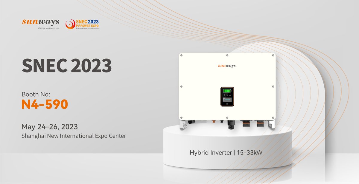 Sunways_Tech's tweet photo. Sunways is thrilled to announce the launch of our brand new 15-33kW hybrid inverter, specifically designed for C&amp;I applications. Join us at #SNEC2023 to witness the future of solar energy!

📅Date: May 24-26, 2023
📍Venue: SNIEC, Shanghai
🌞Sunways Booth: N4-590 https://t.co/UIvW4oQwfC