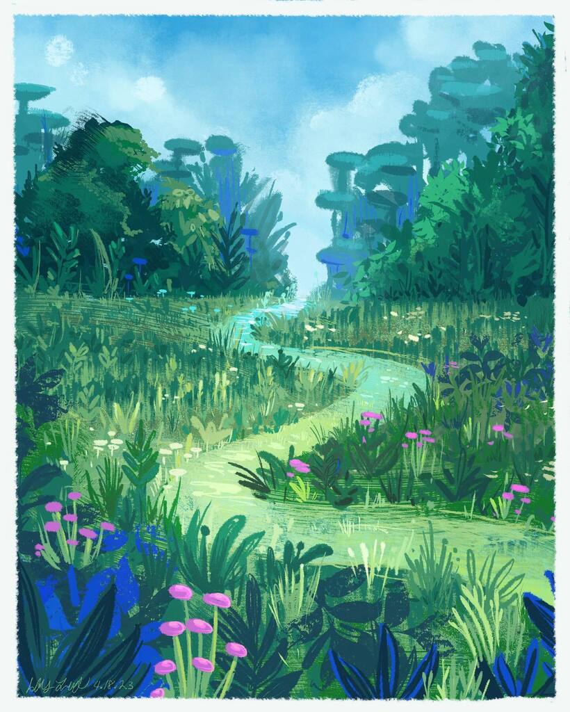 A good way to pass the time on a flight! Lush landscape in Procreate. instagr.am/p/CsZ_J61u-fV/