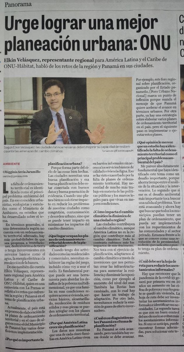 <a href="/prensacom/">La Prensa Panamá</a> Mi entrevista con <a href="/ohigginis/">Ohigginis Arcia</a> de <a href="/prensacom/">La Prensa Panamá</a> #Panamá sobre la importancia del proceso que adelanta el país con nuevos planes de ordenamiento territorial a nivel local.

#NuevaAgendaUrbana