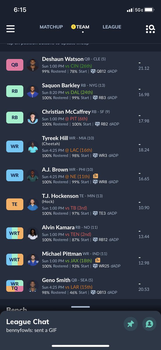 bennyb_fowler's tweet photo. @FFBirdGang @35roper @MyFantasyLeague Contending team. Won last year with similar roster. JSN and Hollywood sitting on the bench. https://t.co/BOuOc86XGb