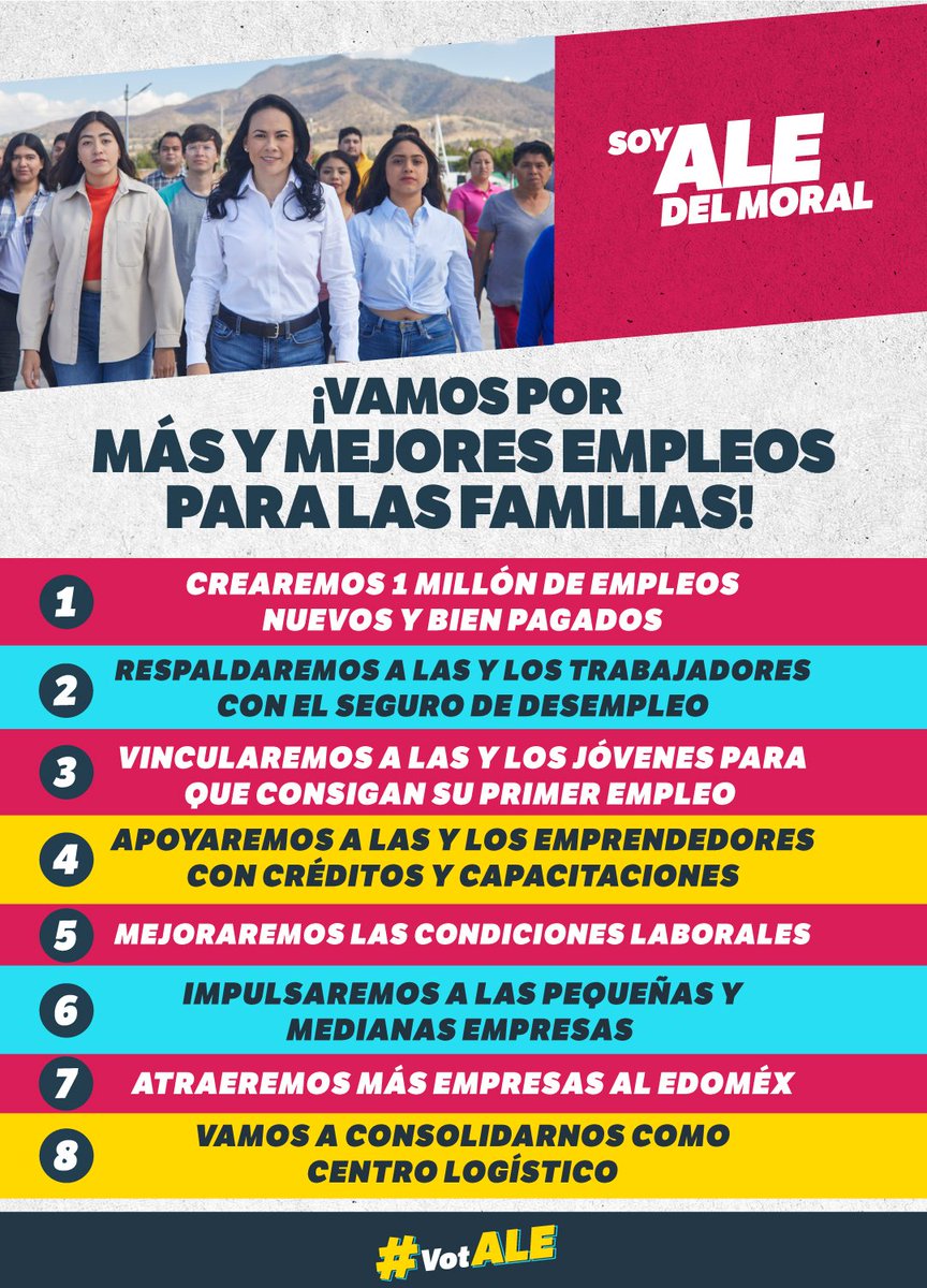 ¡Mejores empleos, bien pagados y más cerca de sus hogares para las mujeres, hombres y jóvenes que recién inician! Trabajando en equipo y con capacidad los podemos hacer realidad. #DebateEdoméx #AleGobernadora #VotALE #ComparaYElige