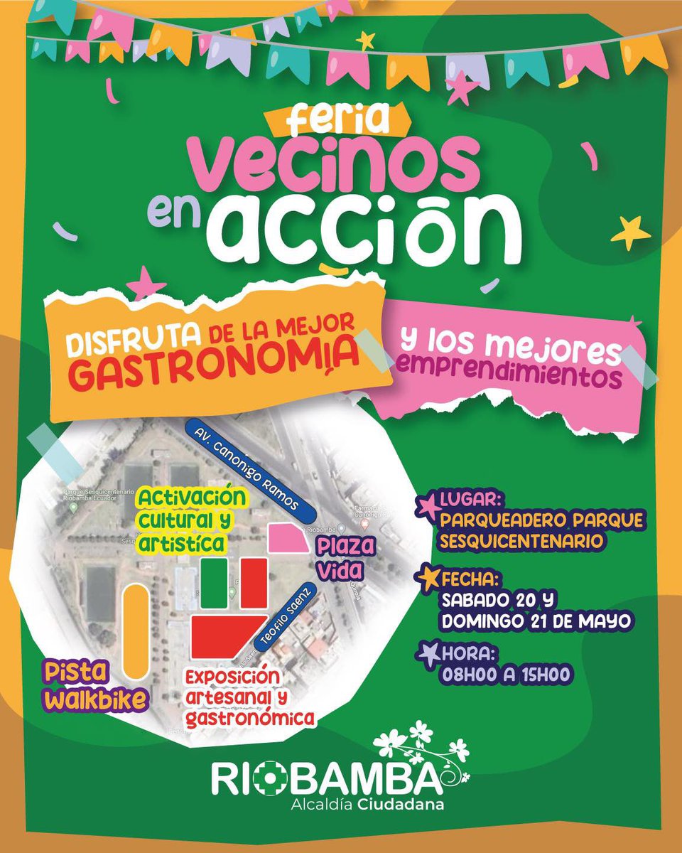 Del 19 al 21 de mayo, la feria #VecinosEnAcción se desarrollará en el parqueadero del parque Sesquicentenario. Activaciones culturales, la mejor gastronomía, emprendimientos, #PlazaVida y mucho más. #AlcaldíaCiudadana #JohnVinuezaAlcalde #Riobambq
