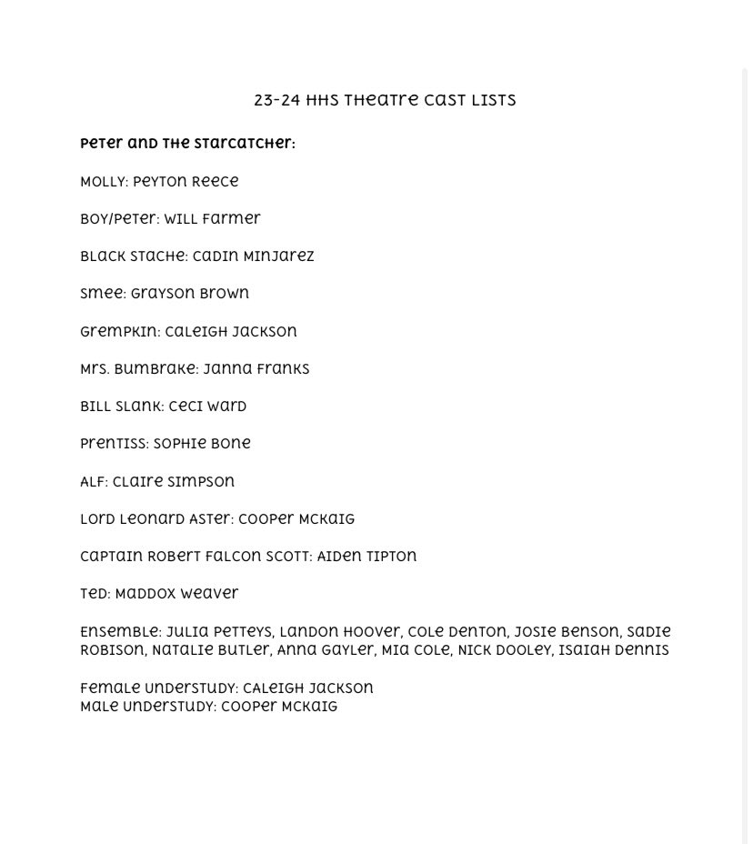 HHS_MT's tweet photo. Congrats to the casts of our 23-24 season!!! To accept your role, come to the parent meeting on Monday May 22, 6:30 pm, in the theatre. So so excited, and so much talent! 🤩🤩 https://t.co/THWvjg5SyP