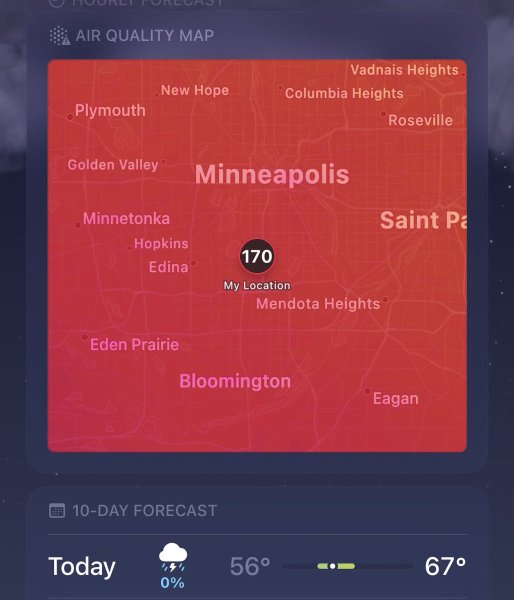 JillKad's tweet photo. Lol I guess I just talk about the weather now, but why did they keep the storm icon with a 0% chance? 

Also, anyone know when the air quality is supposed to improve? @NWSTwinCities @kare11wx https://t.co/BQX1lhj1Za