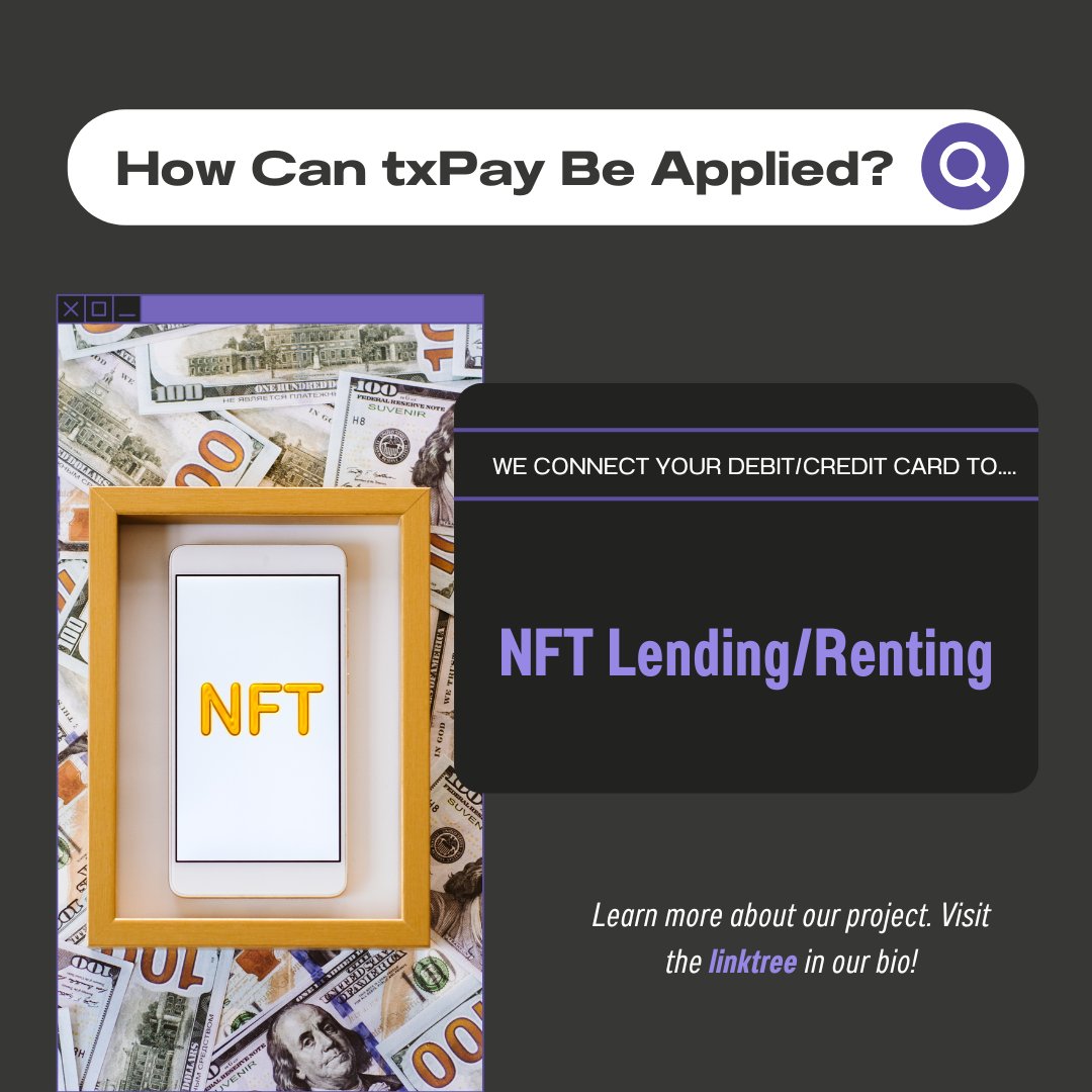 We connect your Debit/Credit card to.... 

NFT Lending/Renting

Learn more about our project. Visit the linktree in our bio!

#NFT #Algofam #txPay #Zilfam #crypto #debit #CreditCard #BSC #ETH #SOL