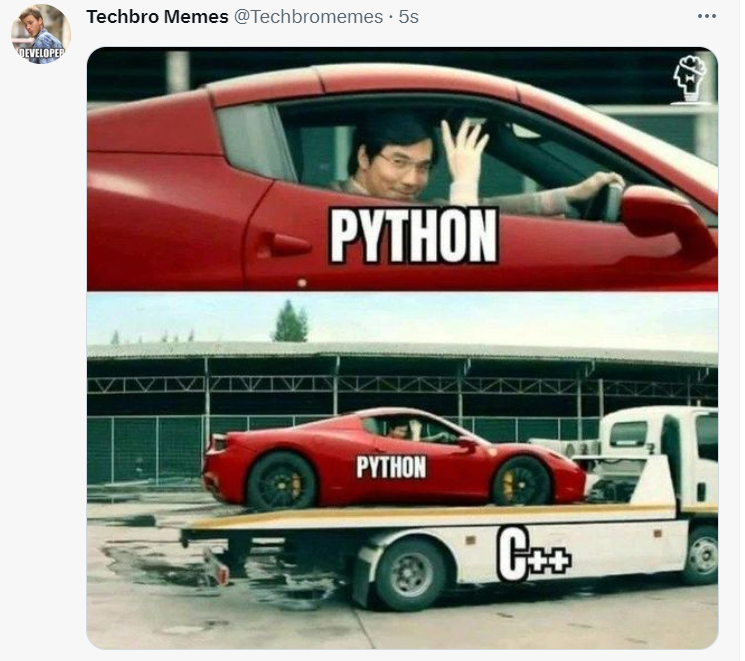 PR0GRAMMERHUM0R's tweet photo. Python cruising on back of c++ https://t.co/I2U3lpqXcL https://t.co/EvuUt5yEHe