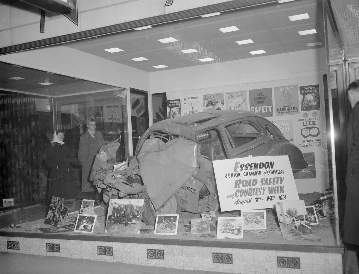 #FlashbackFriday ⏳ May 14-21 is #NationalRoadSafetyWeek. 🚘 This here is an example of what not to do, from a window display at the Essendon Junior Chamber of Commerce in August 1954. 😬 📷 Musuems Victoria