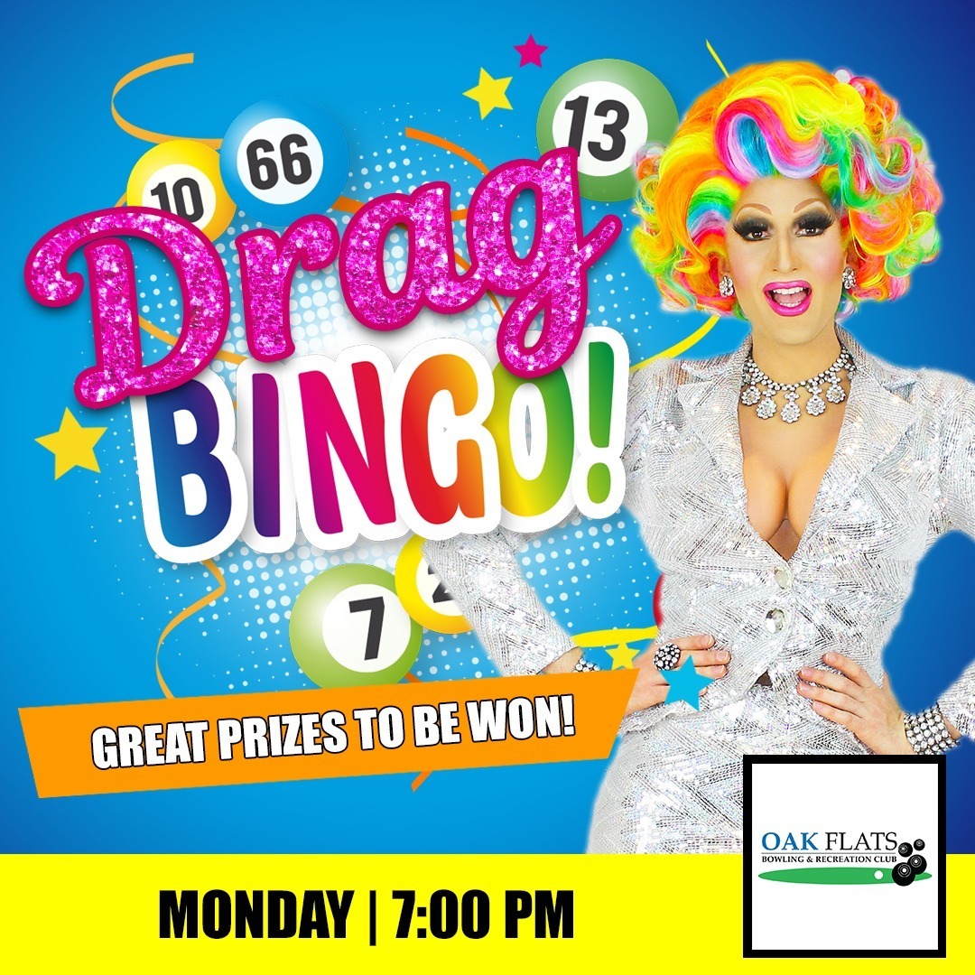 Join us for DRAG BINGO Monday night @oakflatsbowlingclub — hosted by @misspradaclutch,, Darlings! 🎉🎉🎉 

🎟 BOOK NOW! buff.ly/3grhh6c 

#DragBingo #BingoShellharbour #SydneyDragQueen