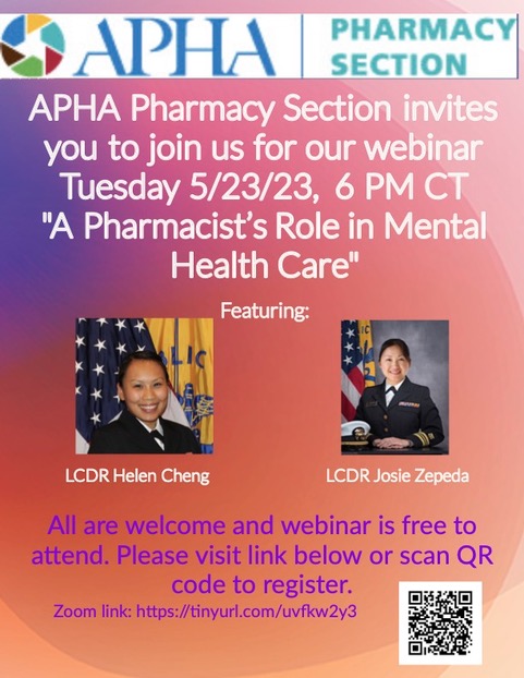 AphaPharmacy's tweet photo. APHA-Pharmacy section is hosting a free webinar on pharmacists role in mental health! #mentalhealthawareness #pharmacy #PublicHealth https://t.co/YoOL99LFvW