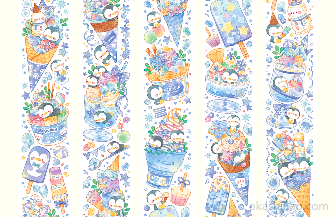 okashinao's tweet photo. 【お知らせ】Cat knows allさん( @catknowsall1 )のオリジナルマスキングテープ用のイラストを制作しました。「甜蜜企鹅星/甘いペンギンプラネット」です。特殊印刷版は5月20日開催の北京手帐集市でのみ販売されるようですー！

Artworks for "Cat knows all"🐧🐧🐧✨

#マステ #海外マステ #washitape https://t.co/QzBhl7RS5D