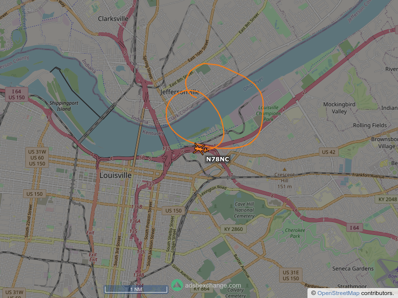 N78NC, a Eurocopter EC145-C-2, is circling over Butchertown, Louisville at 1150 feet, speed 76 MPH, squawking 0126, 0.1 miles from Ohio River globe.adsbexchange.com/?icao=aa8f5c&z…