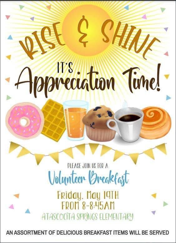 Reminder for tomorrow AM (Friday)! Sharing from ASE (this is not a PTO event, and all volunteers are welcome): 

ASE would like to celebrate YOU, all of the wonderful volunteers! Please join us for the Volunteer Breakfast May 19, 2023 from 8-8:45 (this is a come and go event).
