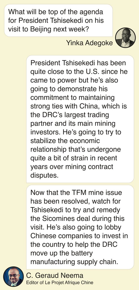 YinkaWrites's tweet photo. I had a great #OneGoodText with @christiangeraud of @ChinaGSProject on what to expect from DRC president Tshisekedi's visit to Beijing next week https://t.co/GWL6ZuFmVa