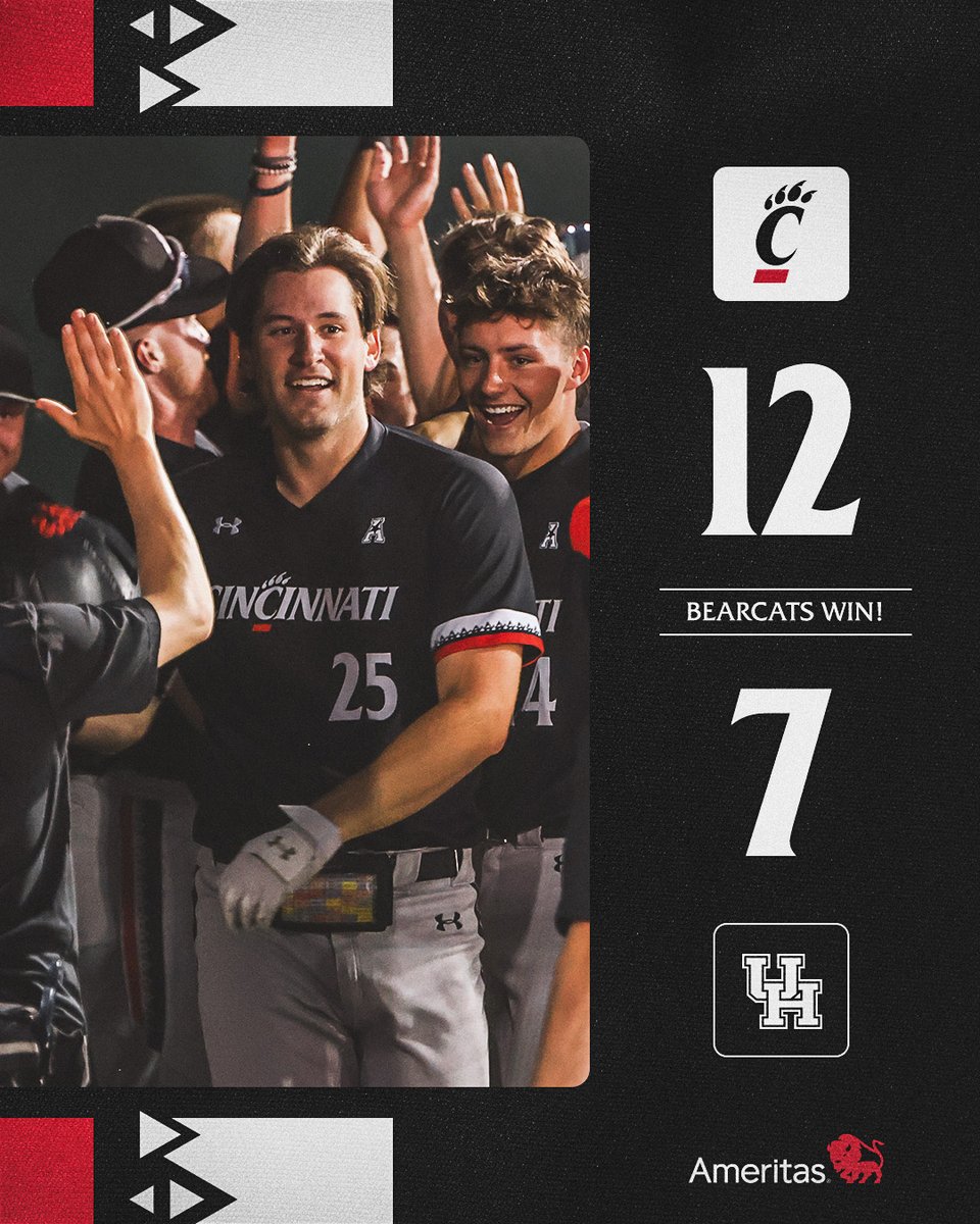 𝐎𝐍𝐖𝐀𝐑𝐃 𝐓𝐎 𝐕𝐈𝐂𝐓𝐎𝐑𝐘 🙌

The #Bearcats take down the American Athletic Conference leaders on Thursday night in Houston! 

▪️ Nicholson: 2-5, R, 4 RBI, HR, BB, SB
▪️ Hopewell: 3.0 IP, 4 H, 0 R, 0 ER, 0 BB, 1 K
▪️ Bergmann: 2.0 IP, 1 H, 0 R, 0 ER, 1 BB, 2 K