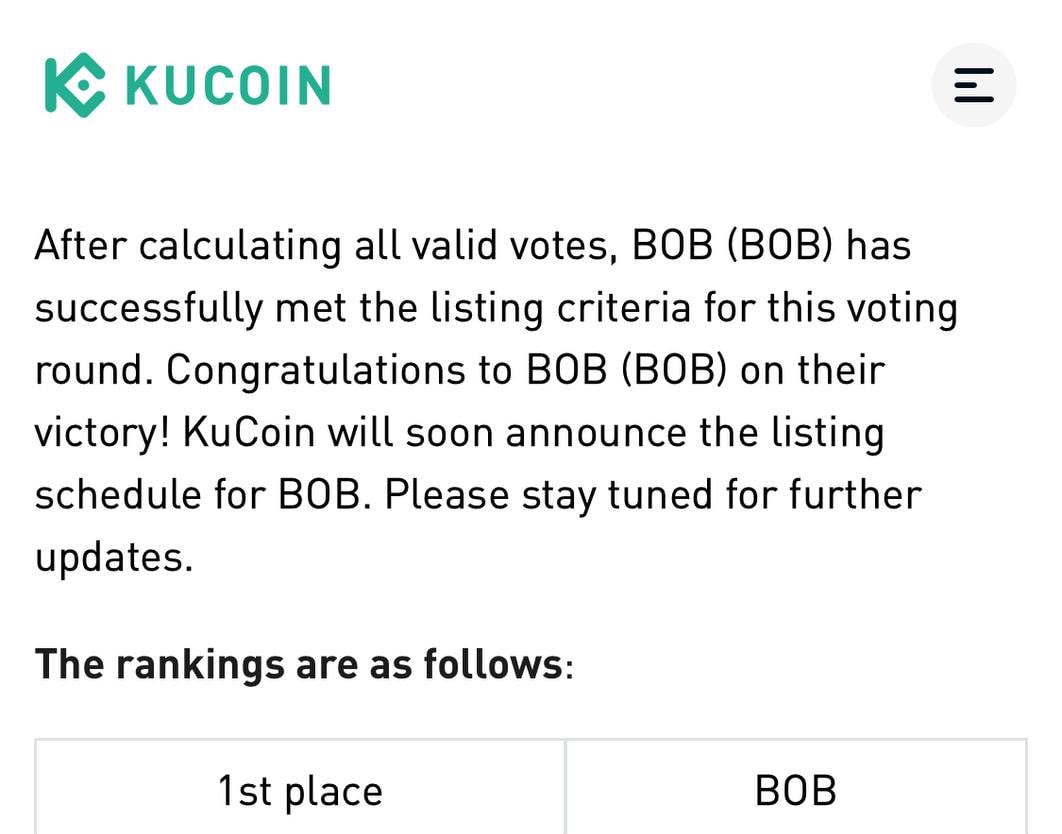 $BOB army! You guys voted and they listened, KUCOIN LISTING SOON!! Thanks to everyone who voted, couldn’t have done it without you guys!