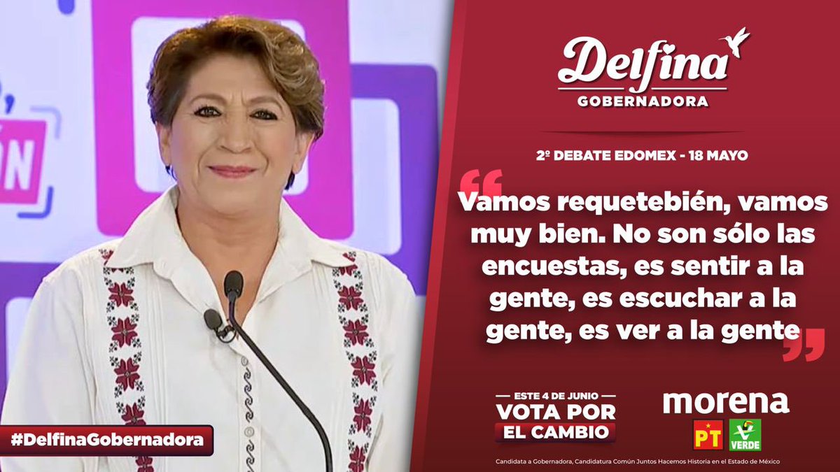 delfinagomeza's tweet photo. Durante toda la campaña, hemos estado por encima de nuestros rivales. Vamos requetebién en todas las encuestas, porque el Pueblo ya está harto de la corrupción y el saqueo de los gobiernos del PRI, que han dejado condiciones de miseria en el Estado de México. Los mexiquenses queremos un cambio y este 4 de junio, lo haremos realidad.  #DelfinaGobernadora #DebateEdoMex