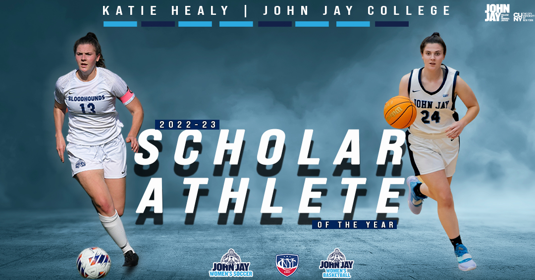 JJayAthletics's tweet photo. 🏆 | Congratulations to women's basketball &amp; women's soccer senior Katie Healy, the 2022-23 @CUNYAC Scholar-Athlete of the Year

3⃣rd Bloodhound to win the award: 
Duwayne Boyce [1986-87 | ⚽️🎾] 
Kerry Lewis1992-93 | 🏀🥎🏐]

#GoBloodhounds #JohnJayCollege #CUNYAC  #ncaadiii https://t.co/IX6r14Wxnc
