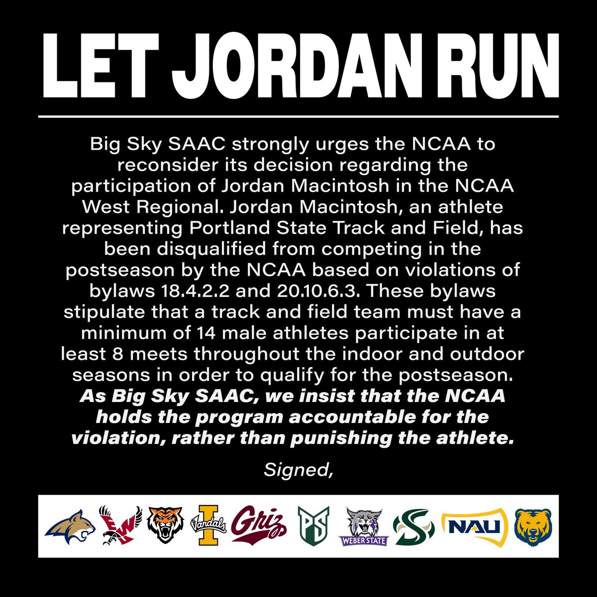 jzamrin's tweet photo. As the Big Sky SAAC President, I ask all of you to push back on the NCAA when they do something that is directly punishing an athlete, just to stand by principles and bylaws. Penalize the program, do not penalize the athlete. #LetJordanRun @NCAA @NCAATrackField @BigSkyConf https://t.co/fMuDEhGc6L