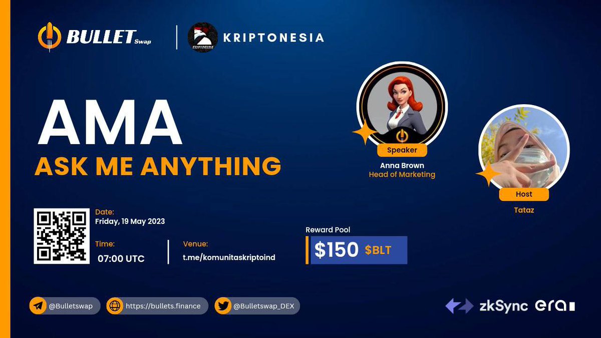 🔊 Ask Me Anything KRIPTONESIA X BULLETSWAP

♾Don't forget to join in : 

🗓 Today 19 Mei, 2023
⏰07 AM UTC | 14.00 WIB 
🎙 Text AMA with Ms Anna Brown 
t.me/komunitaskript…

Write your best questions here 👇
