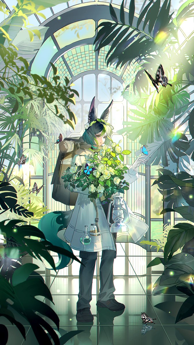 animal ears 1boy male focus flower fox ears plant butterfly  illustration images