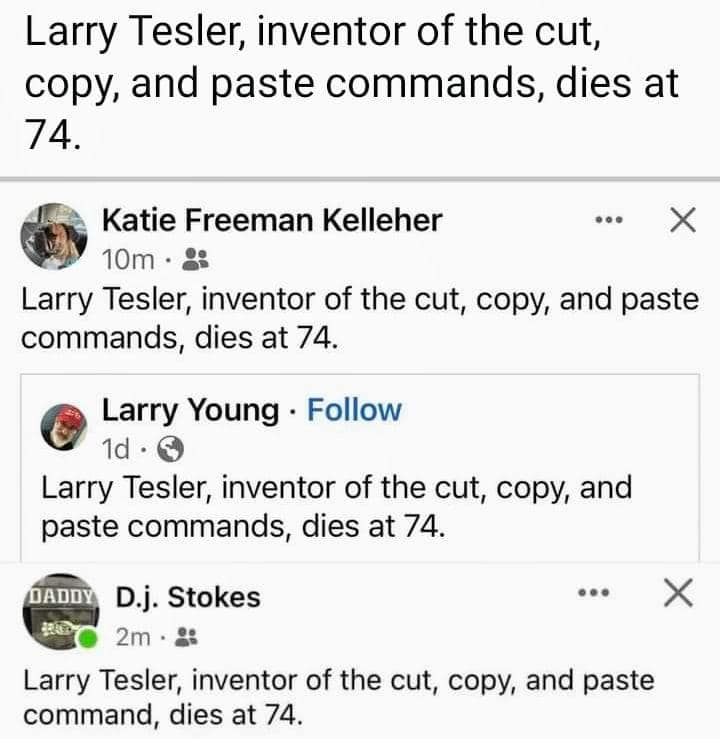 Larry Tesler, inventor of the cut, copy, and paste commands, dies at 74. https://t.co/vwkjfHMHil