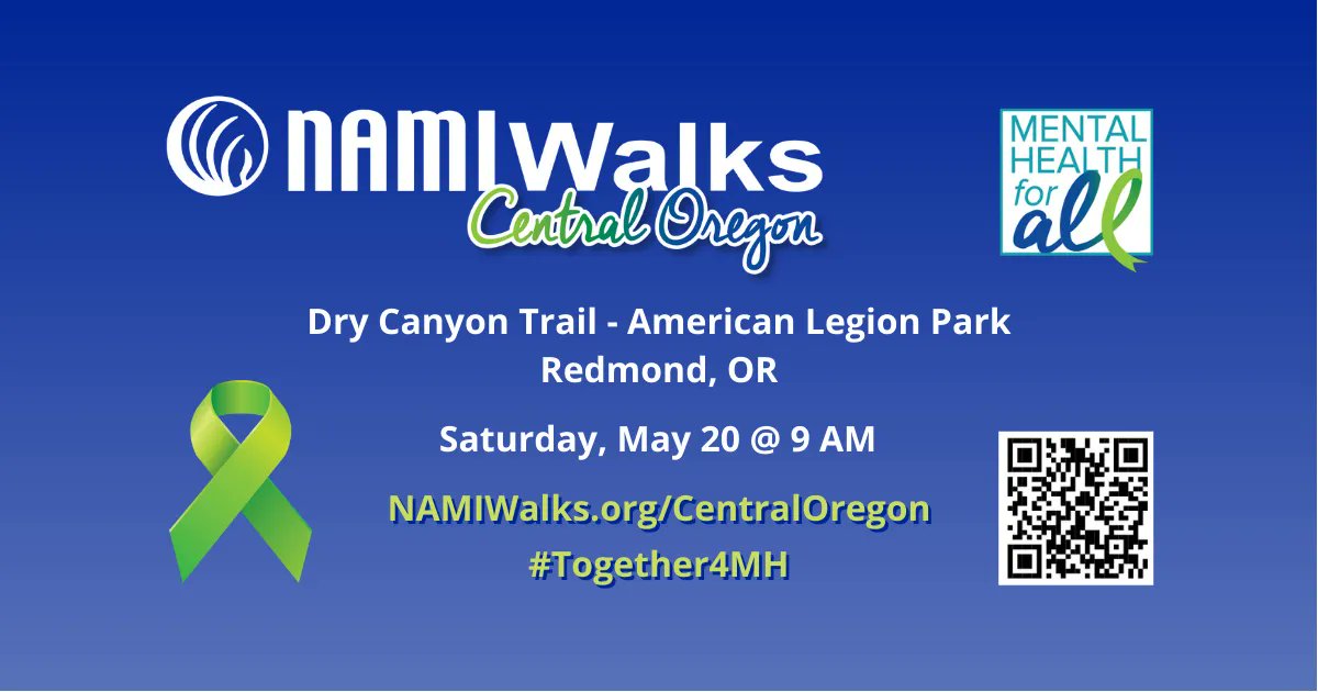 NAMIWalks.org/CentralOregon 
Join us Saturday, May 20, 9-11 AM
American Legion Community Park
850 SW Rimrock Way, Redmond, OR 97756
#NAMIWalks #Together4MH