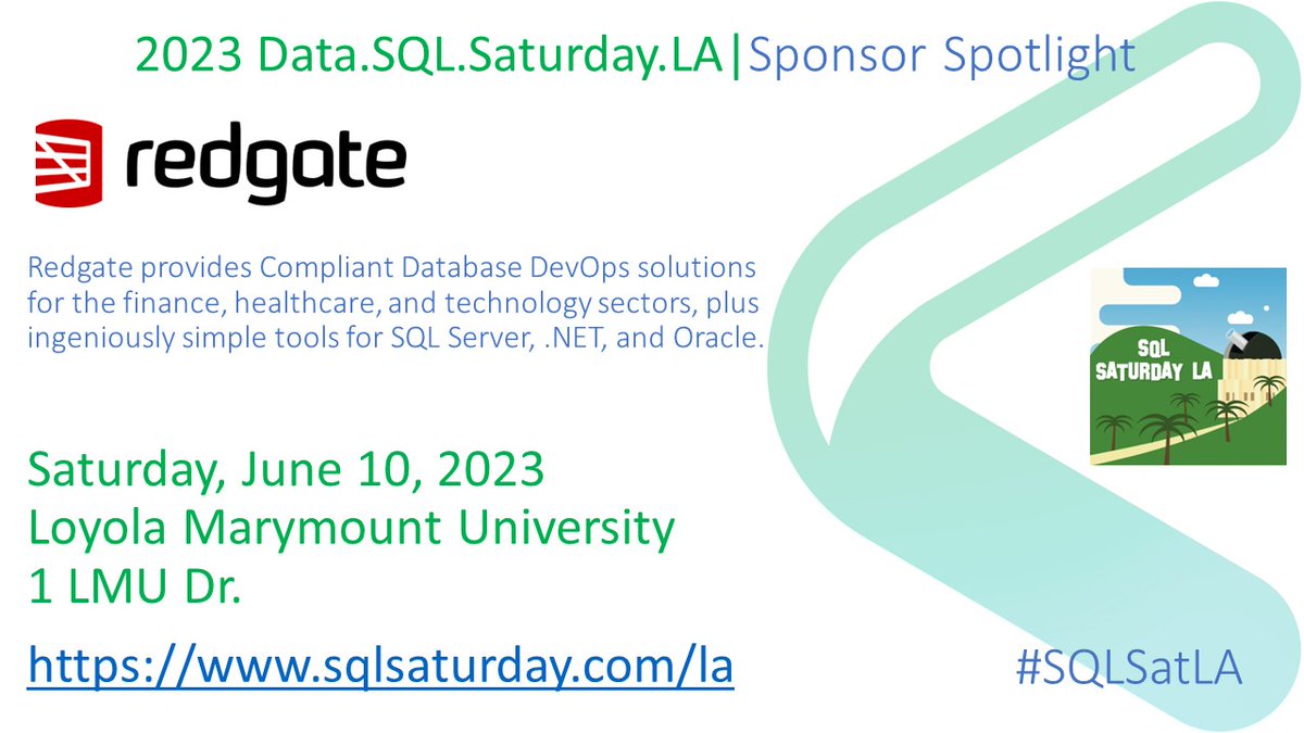 2023 data sql saturday la sponsor highlight:
RedGate provides Compliant Database DevOps solutions for the finance, healthcare, and technology sectors, plus ingeniously simple tools for SQL Server, .NET, and Oracle.
buff.ly/2F6Wmz7 
#sqlsatla #sqlsaturday #sponsorship