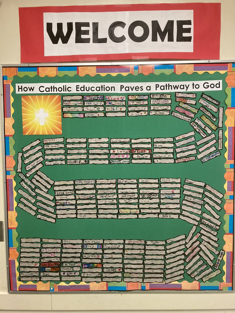 Mombouc's tweet photo. Stopped by St Pat’s Fine Arts School and saw this bulletin board with student comments as bricks in the road of Catholic Education. https://t.co/sBVta8vcQ6